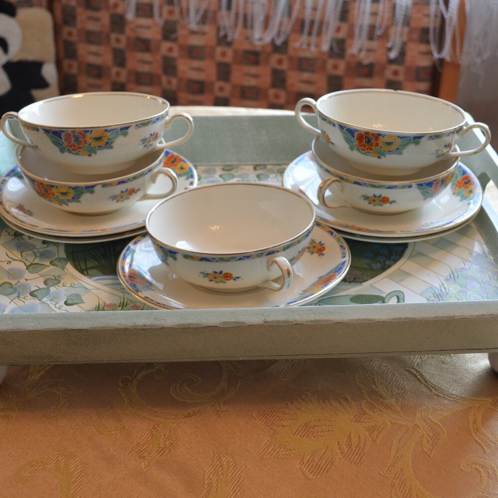 Vintage Set of 10 pc of Sol by J & G Meakin Flat Double Handled Soup Cups